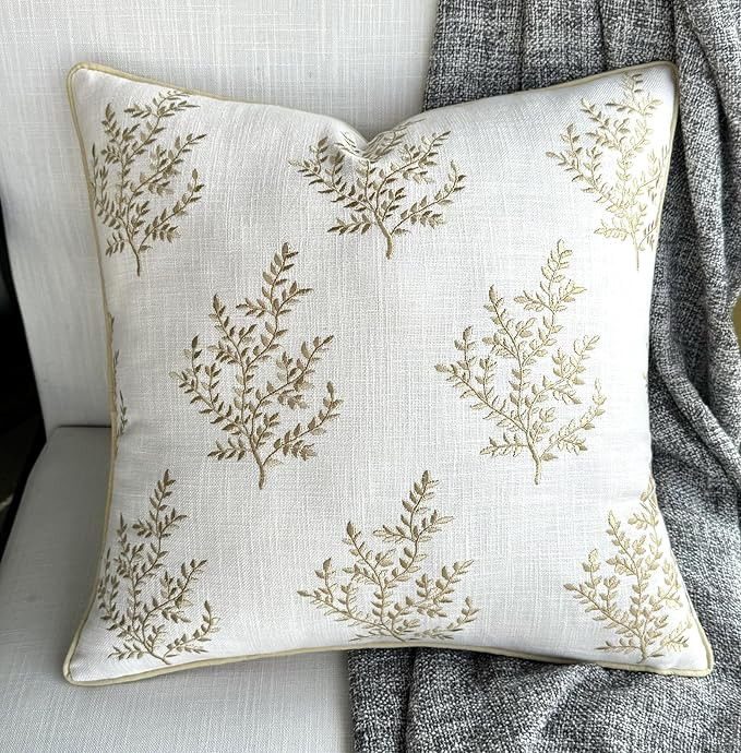 VAGMINE Embroidered Leaves Throw Pillow Cover - 18x18 Inches Square - 100% Cotton Ivory Decorativ... | Amazon (US)