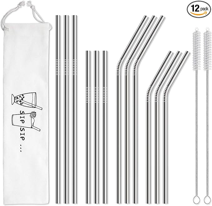 Hiware 12-Pack Reusable Stainless Steel Metal Straws with Case - Long Drinking Straws for 30 oz a... | Amazon (US)