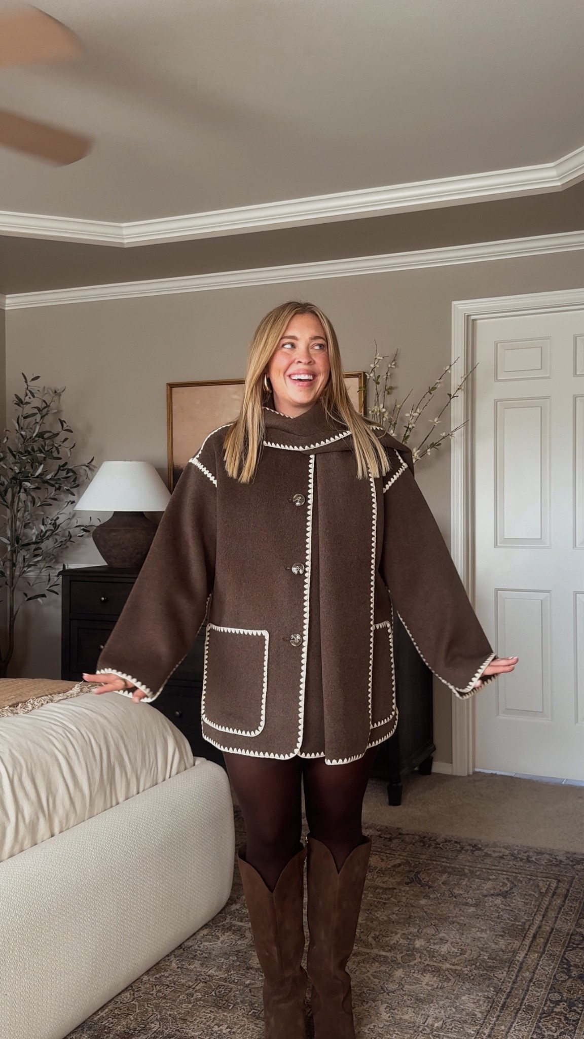 Midsize Chocolate Brown Fall Outfit 🤎🐻 Absolutely obsessed with this wool scarf coat. Wearing a size large and 31 in the skirt 🫶🏻

#LTKStyleTip #LTKMidsize #LTKSeasonal