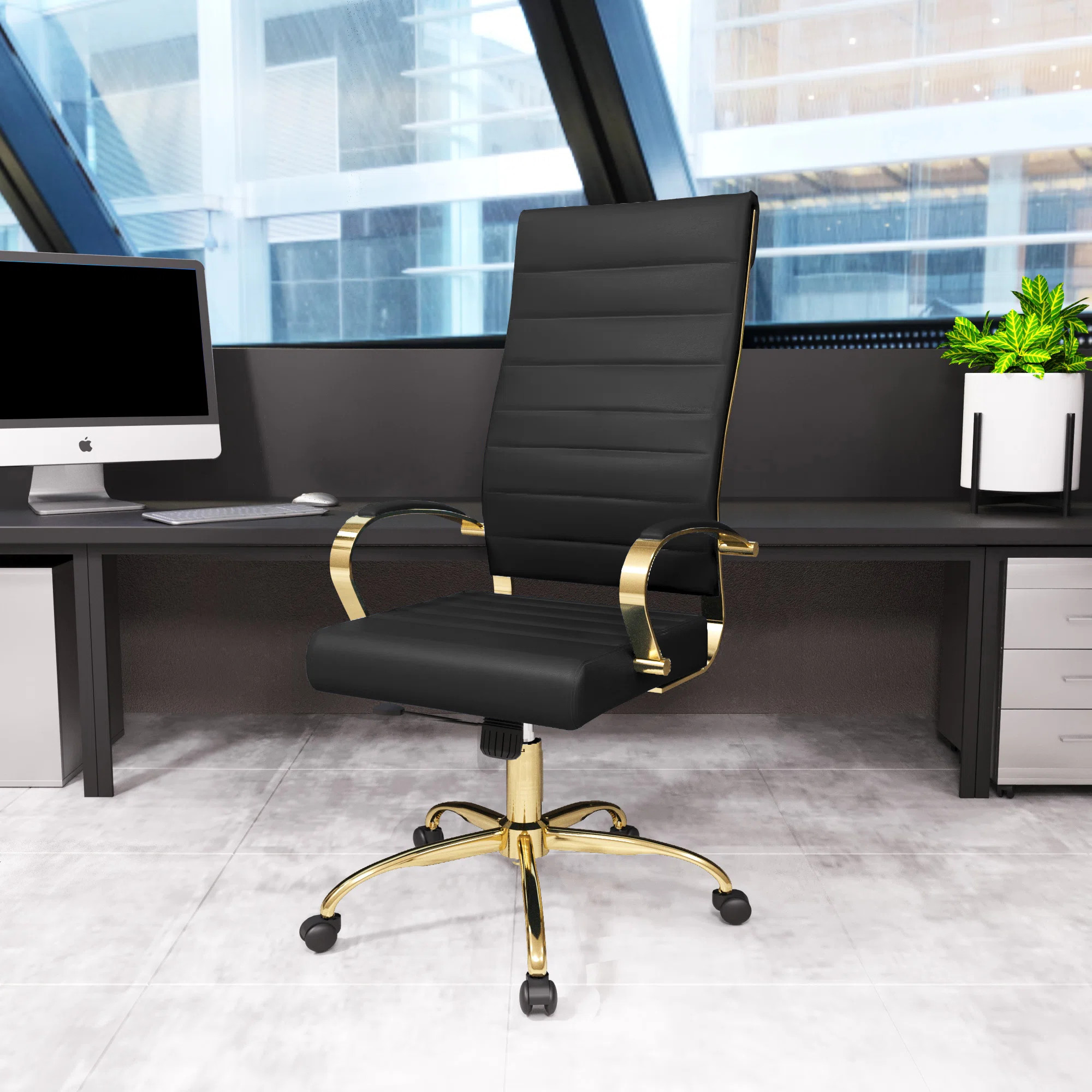 Humairaa Benmar Leather Office Chair in Gold Base | Wayfair North America