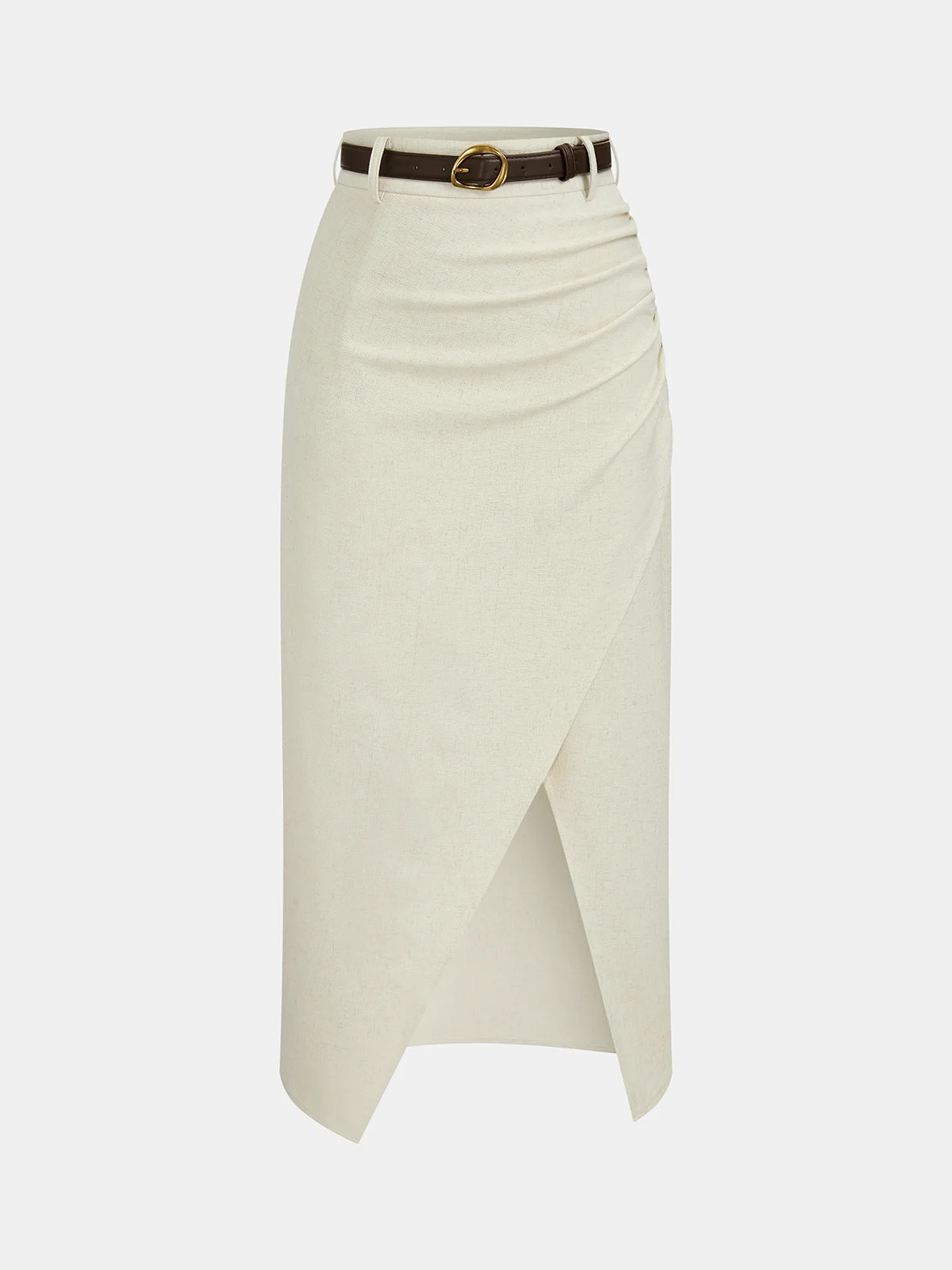 Belted Linen Blend Ruched Wrap Midi Skirt | Commense