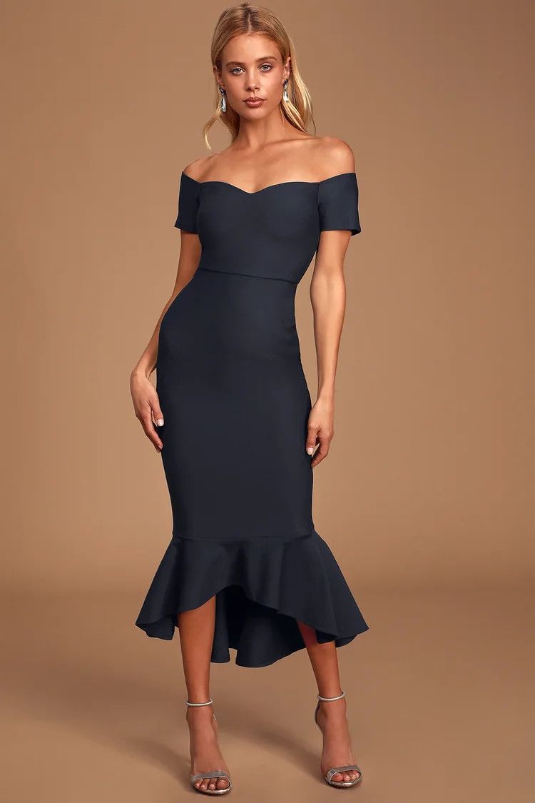 How Much I Care Midnight Blue Off-the-Shoulder Midi Dress Wedding Dress Guest  | Lulus (US)