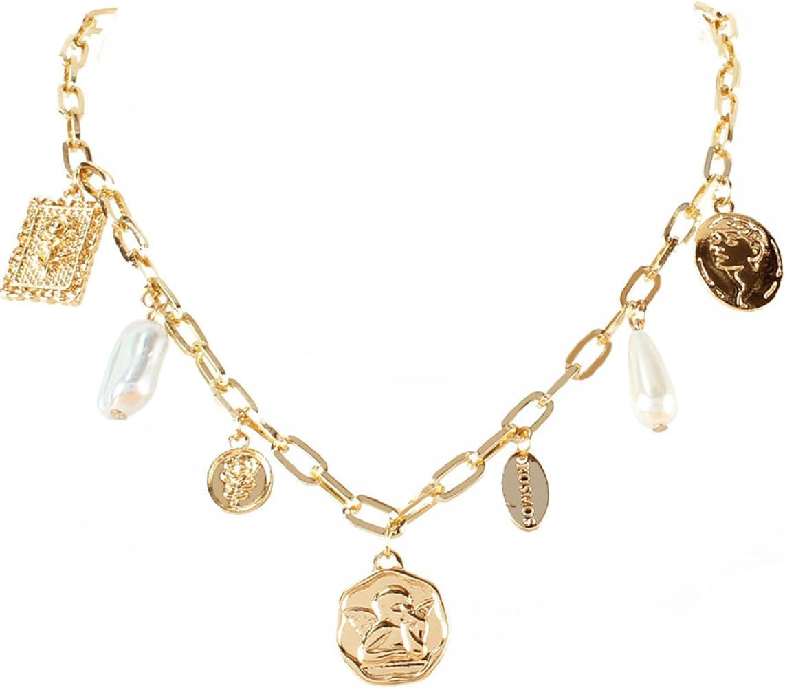 Charm Necklace for Women Chunky Charm Necklace Trendy Gold Paperclip Chain Necklace Safety Pin Ne... | Amazon (CA)