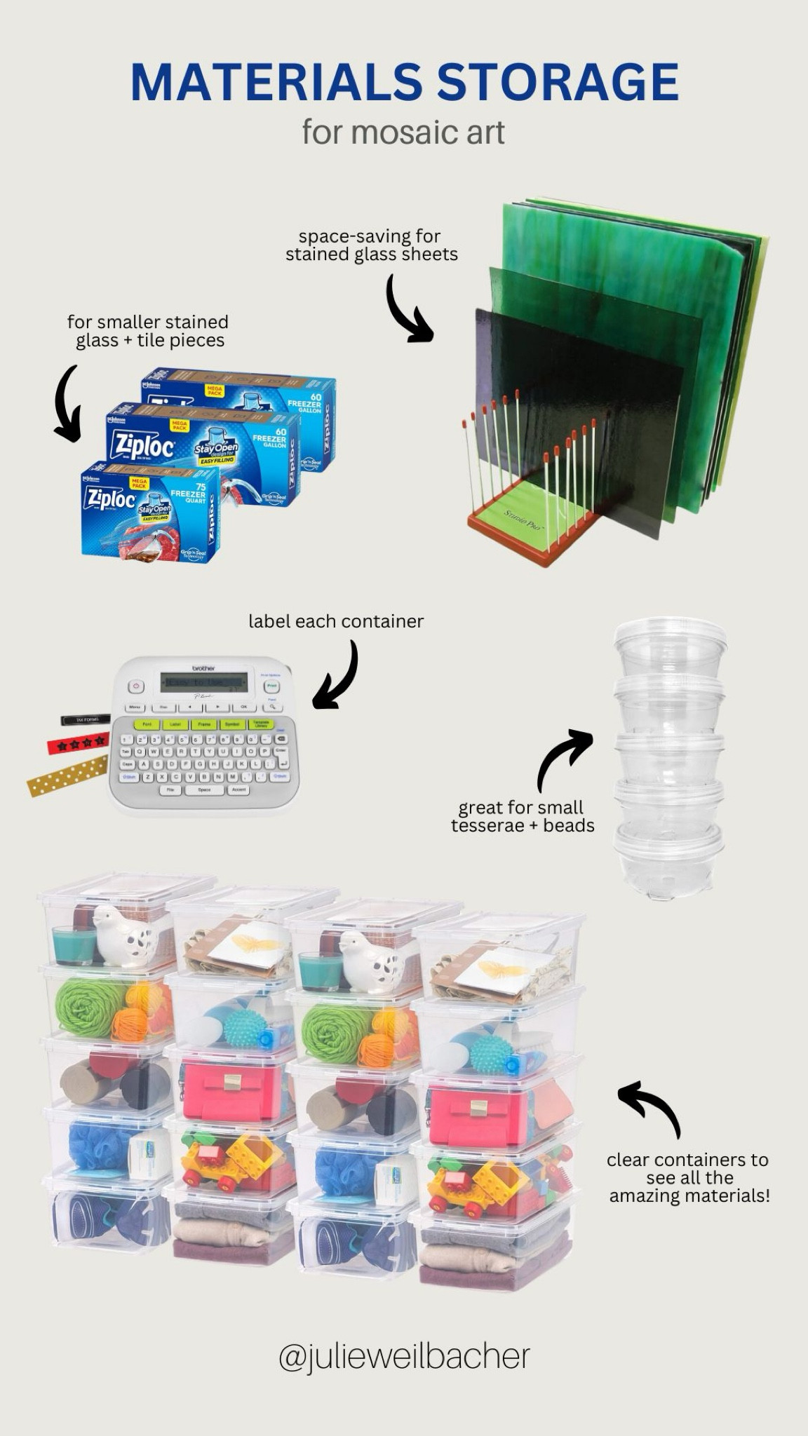 Sharing storage essentials for mosaic and stained glass artists. ✨ This system will help you create an organized environment for your artwork. ✨ For mosaic tips, tutorials, inspiration, and so much more please visit my YouTube channel: YouTube.com/julieweilbacher. Follow @julieweilbacher on Instagram for all things mosaic art. storage - crafts storage - mosaic - gifts for crafters - stained glass - label maker - clear shoe boxes - labeler - mosaic art - clear storage boxes

#LTKFindsUnder100 #LTKGiftGuide #LTKHome