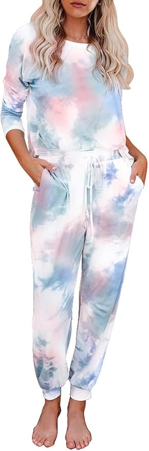 Asvivid Womens Tie Dye Printed Long Sleeve Tops and Pants Long Pajamas Set Joggers PJ Sets Nightw... | Amazon (US)
