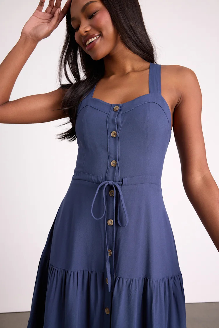 See the City Blue Button-Front Tiered Midi Dress | Lulus