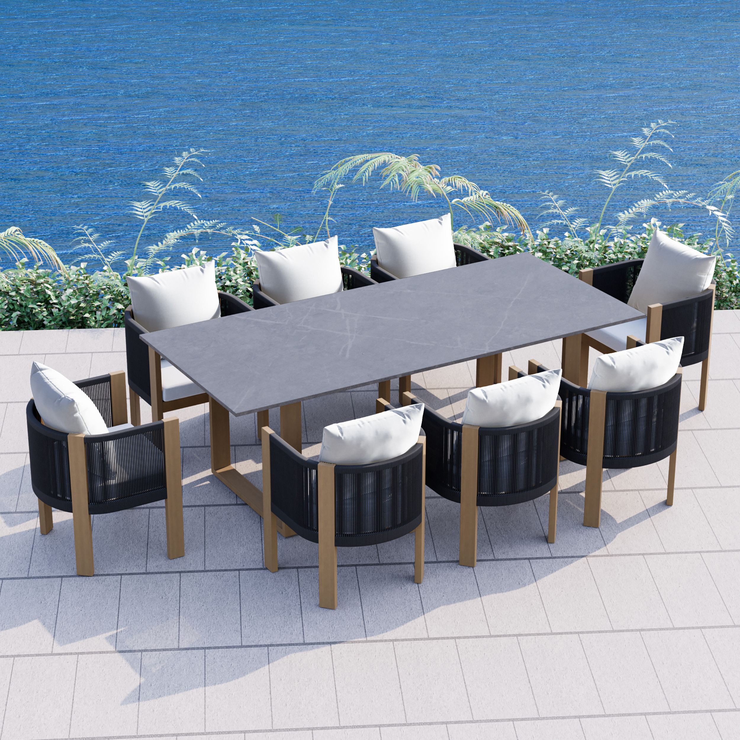 9 PCS 86.6" Faux Marble Outdoor Dining Table Set with Woven Rope Chairs in Gray for 8 Person Patio & Yard Large Marble Outdoor Dining Table with Chair | Homary