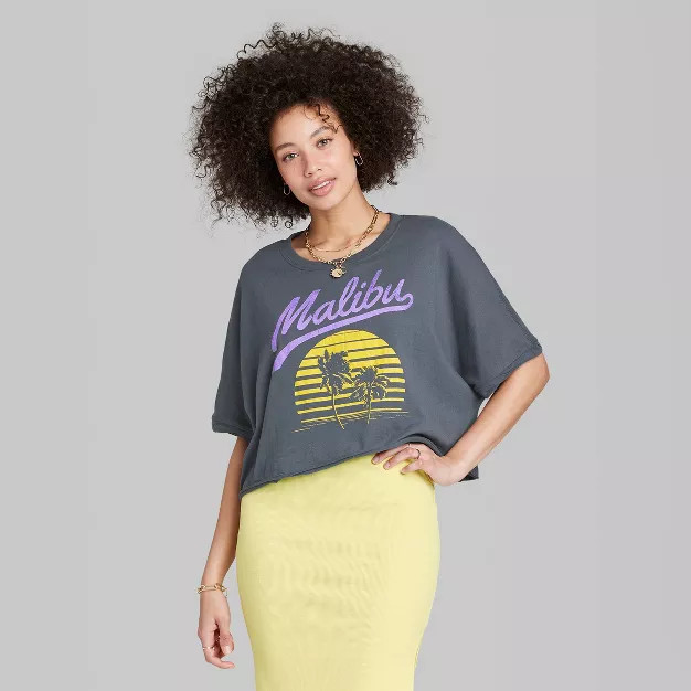 Women's Ascot + Hart Malibu Short Sleeve Cropped Graphic T-Shirt - Gray | Target