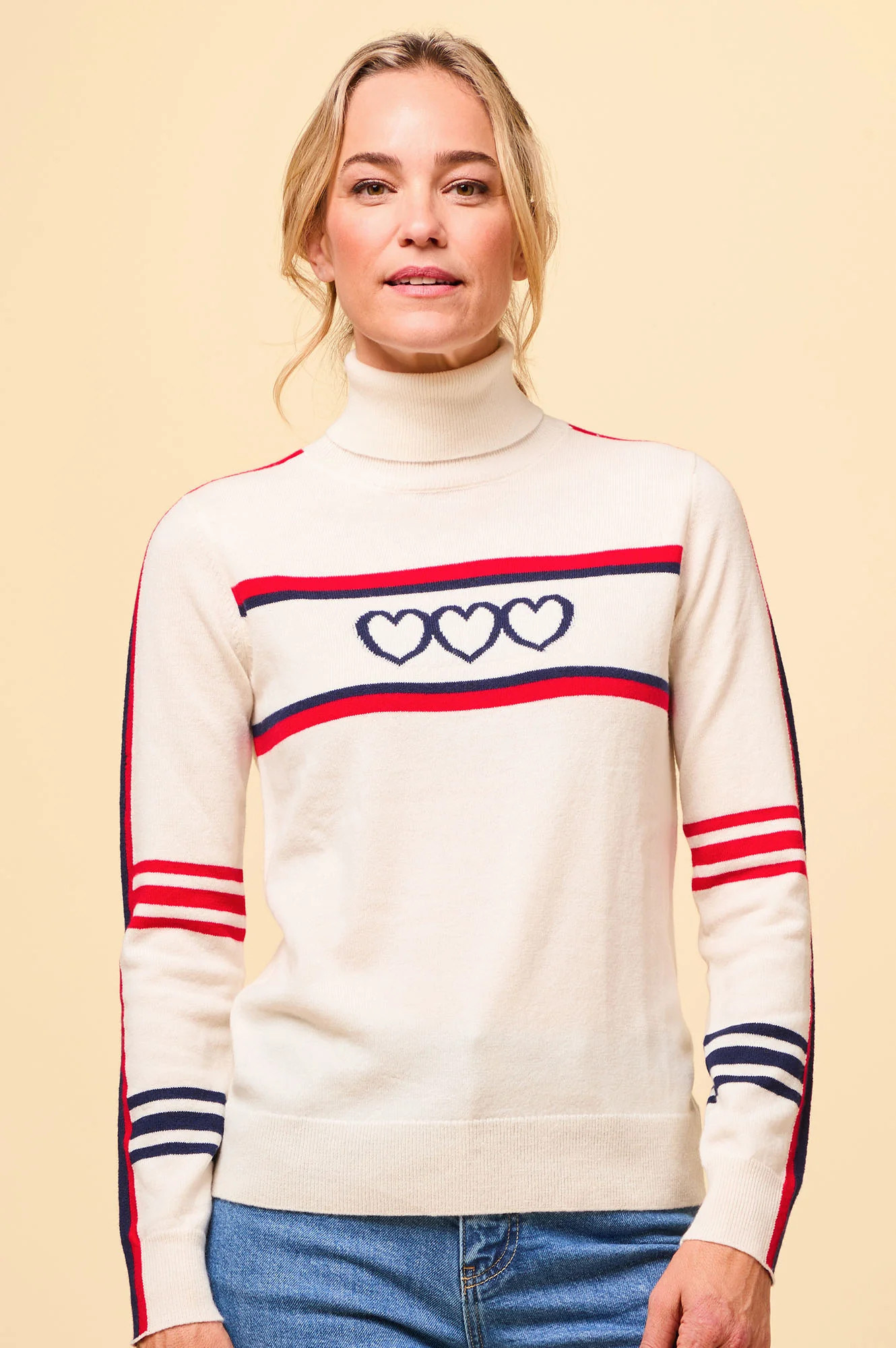 Merino Wool Hearts Polo Neck Jumper | Cream/Red/Navy | Aspiga US