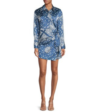 Avery Paisley Print Satin Collared Long Sleeve Mini Wrap Dress | Dillard's