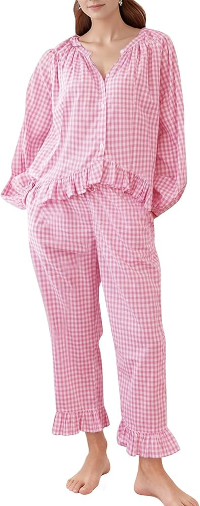 COZYPOIN Womens Plaid 2 Piece Pajamas Sets Cotton Gingham Puff Long Sleeve Cute Shirt Ruffle Pant... | Amazon (US)