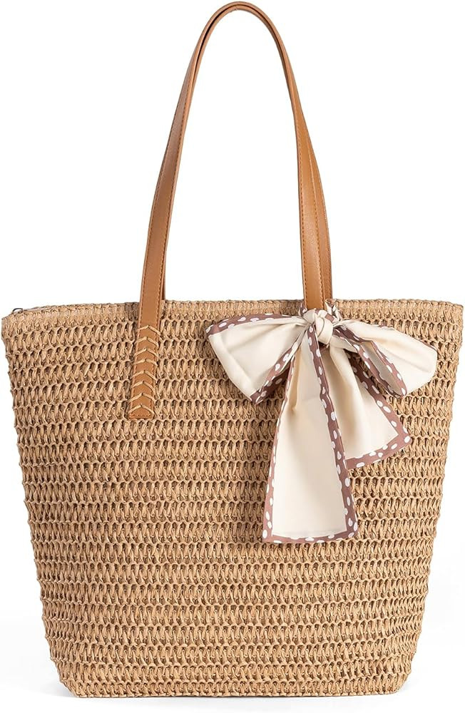 Large Straw Beach Bag: Women's Handwoven Tote with Zipper Pocket - 2025 Lightweight Summer Purse ... | Amazon (US)