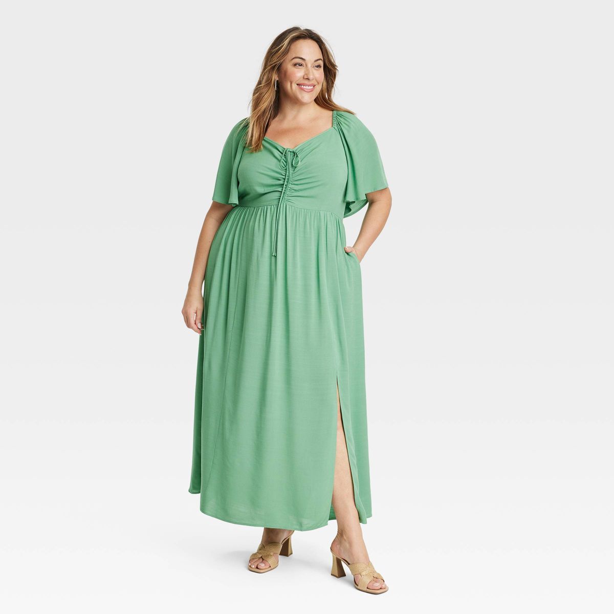 Women's Flutter Short Sleeve Maxi A-Line Dress - Ava & Viv™ Green 2X | Target