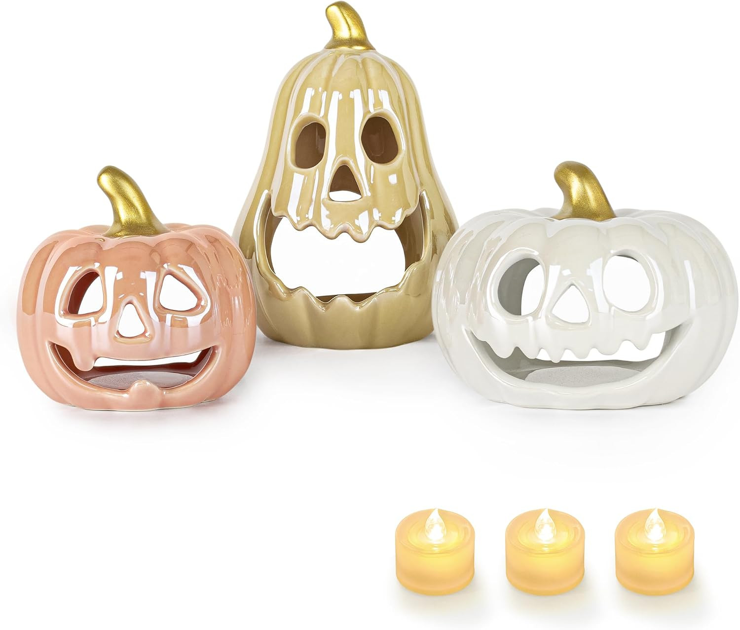 Sunlit Ceramic Pumpkin with 3 Tea Lights, Jack O Lantern Candle Holder Set of 3, Tabletop Indoor Halloween Decorations for Holiday Party Home, Pearl Finish | Amazon (US)