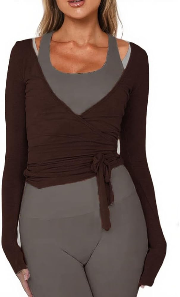 Women Ballet Wrap Top Long Sleeve Self Tie Dance Shirt Pilates Yoga Tops Y2k Workout Active Blous... | Amazon (US)