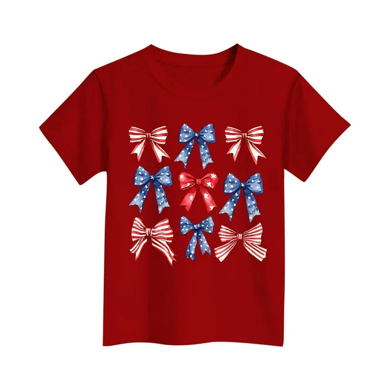 Maean Girls Bow Graphic Shirts Summer Short Sleeve Loose Tshirts Kids Cute Printed Independence D... | Walmart (US)