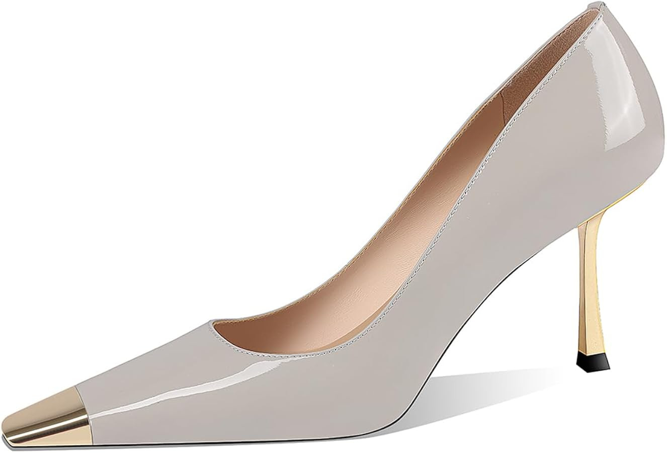 Women Metal Sqaure Cap Toe Pumps Slip on Gold Stiletto High Heels Party Dating Formal Wear Shoes ... | Amazon (US)