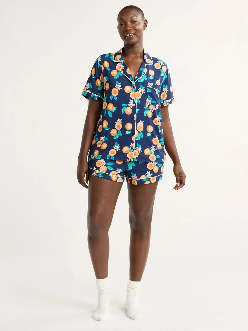 Joyspun Women’s Short Sleeve Knit Notch Collar Top and Shorts Pajama Set, 2-Piece, Sizes XS-3X | Walmart (US)