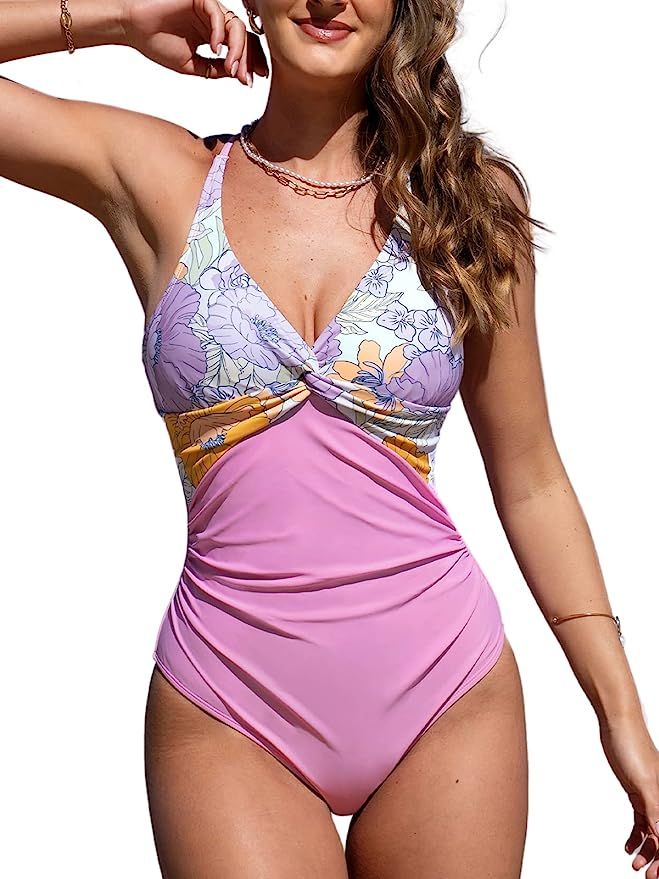 CUPSHE Women One Piece Swimsuit V Neck Twisted Front Crisscross Back Low Back Floral Print Adjust... | Amazon (US)