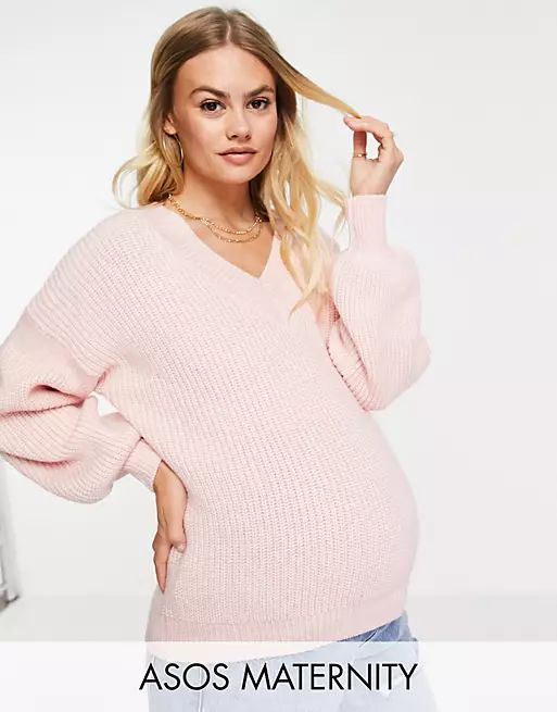 ASOS DESIGN Maternity V-neck fluffy sweater in dusky pink | ASOS (Global)