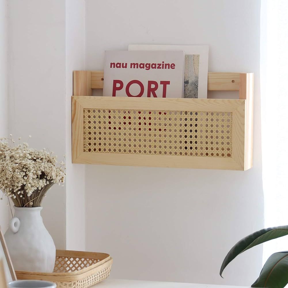 FIRADE Wood Magazine Wall Rack with PE Rattan Grid，Size 17.3" x 4" x 9.4"，File Holder for Ent... | Amazon (US)