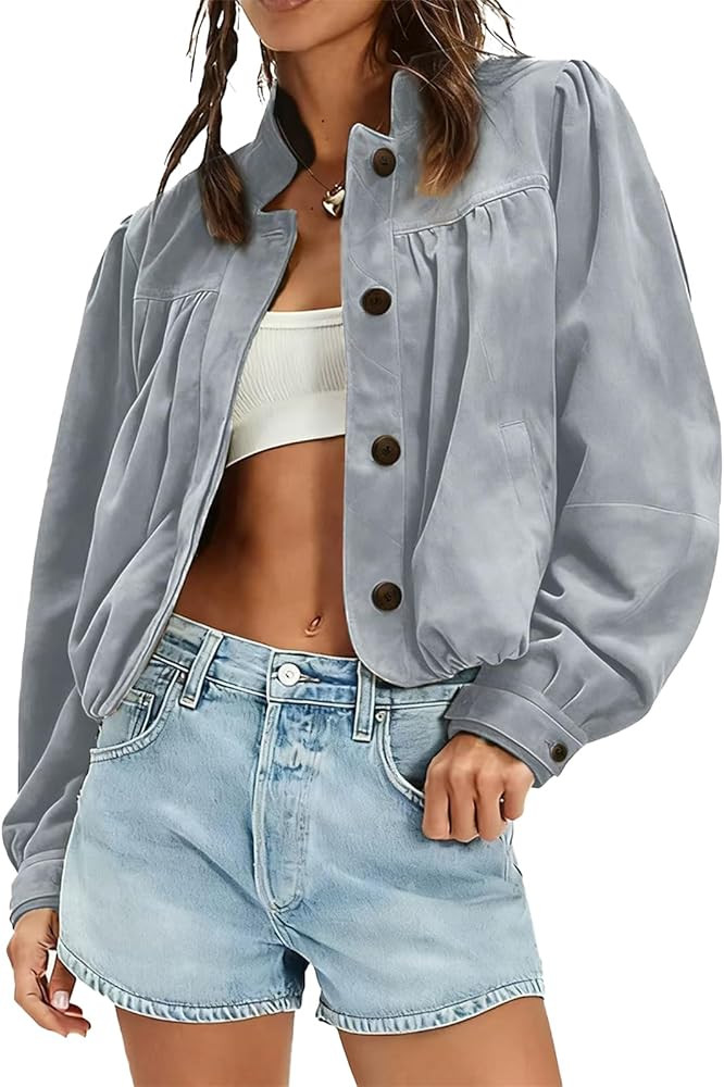 Women's Suede Cropped Pilot Jacket Puffed Sleeve Stand Up Collar Spring Autumn Button Coat Retro ... | Amazon (US)
