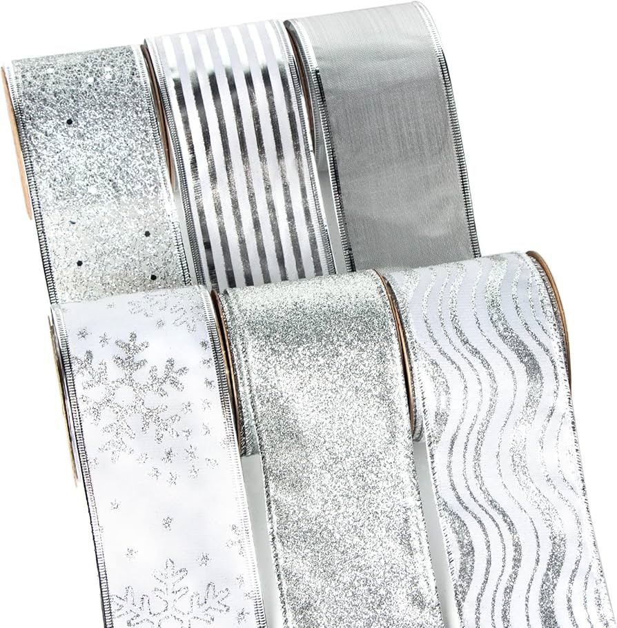 Ribbli Christmas Ribbon Wired Silver Christmas Tree Ribbon Glitter Christmas Wired Ribbons for Tr... | Amazon (US)