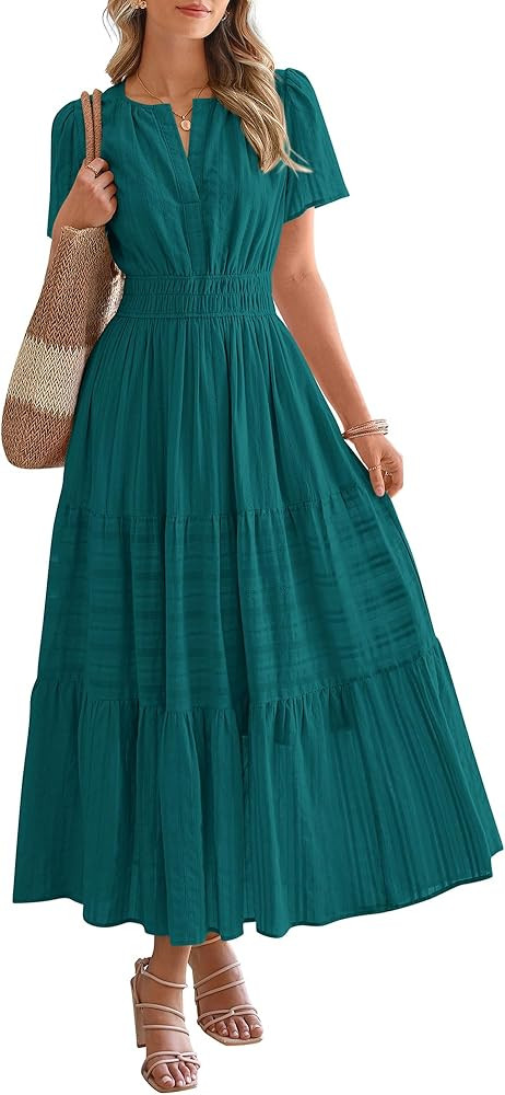 BTFBM Womens Summer 2026 Casual Midi Maxi Dresses Lightweight Short Sleeve V Neck Elastic Waist B... | Amazon (US)