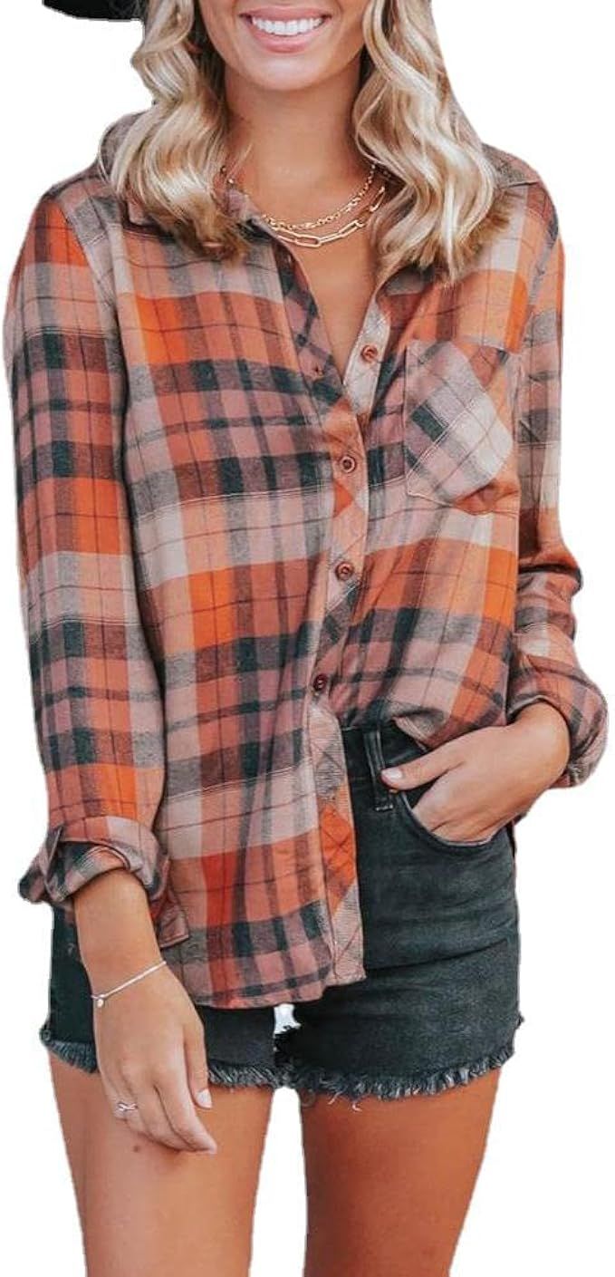 Womens Long Sleeve Plaid Long Shirt Jacket Shacket Casual Pumpkin Spice Dreamer Plaid Top for Wom... | Amazon (US)