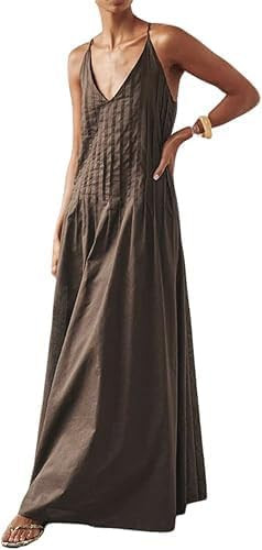 ABINGOO Women Summer Spaghetti Strap Maxi Dresses Sleeveless V Neck Pleated Backless Flowy Loose ... | Amazon (US)