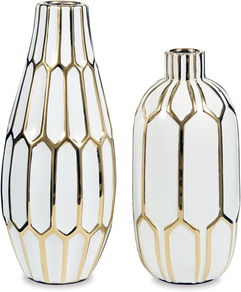 Signature Design by Ashley Mohsen Honeycomb Ceramic 2 Piece Bottle Neck Vase Set, White & Gold | Amazon (US)