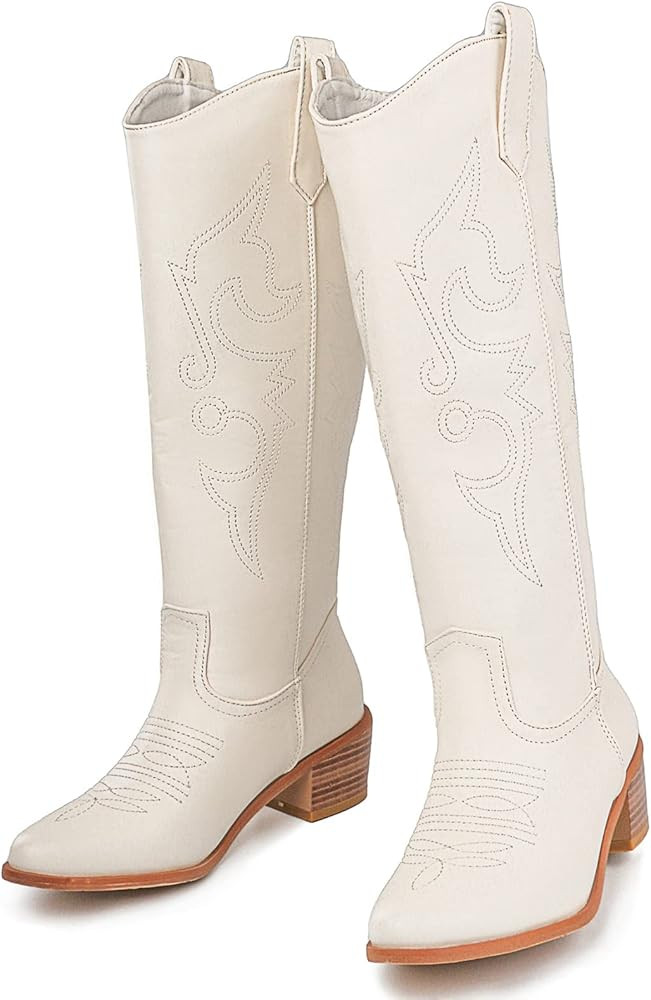 Women's Embroidered Western Cowgirl Boots Chunky Stacked Heel Mid Calf Cowboy Boots Pull On Round... | Amazon (US)