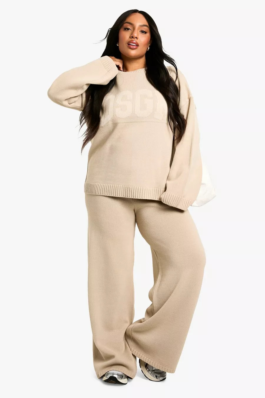 Plus Dsgn Studio Knitted Crew Neck and Wide Leg Trouser Co-ord | boohoo (US & Canada)