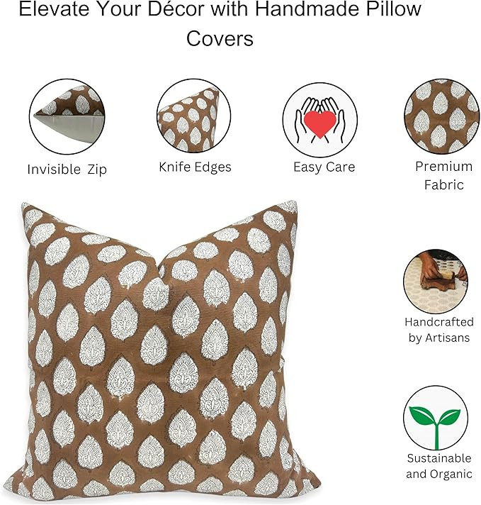 Hand Block Print Thick Cotton White Throw Vintage Pillowcase Cushion Cover 14"X14" Spring Fall De... | Amazon (US)