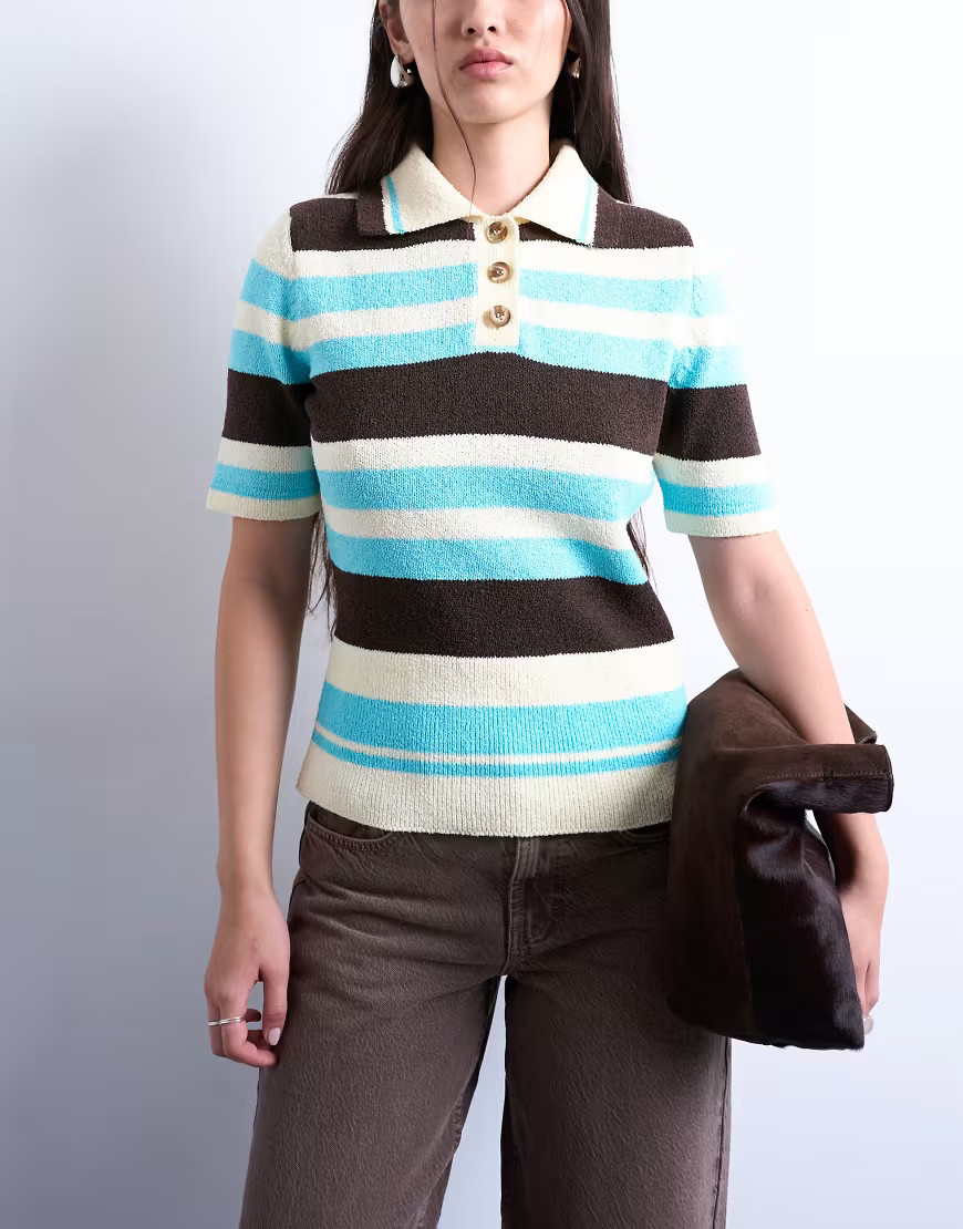 Topshop knitted cinched polo top in multi stripe | ASOS (Global)