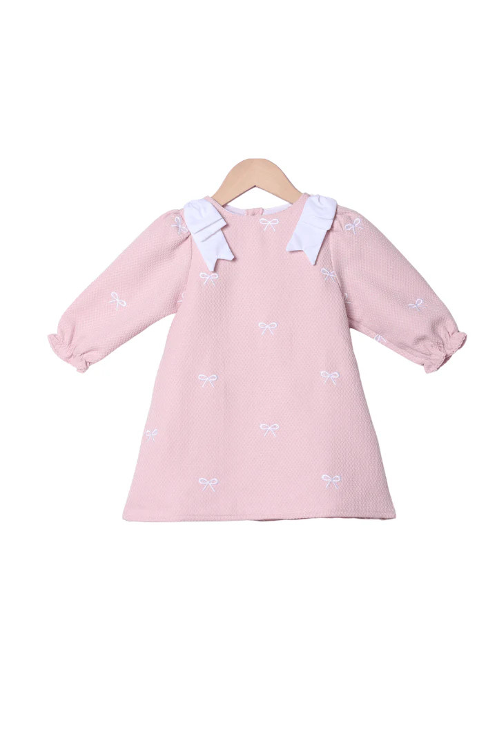 Embroidered Bow Pink Honeycomb Long Sleeve Dress | The Smocked Flamingo