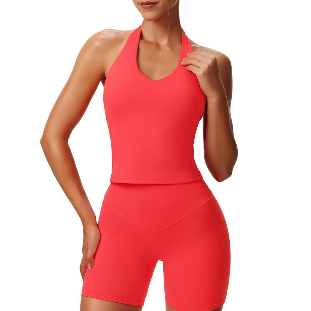 Aoxjox Women's Sleeveless Hailey Halter Tank Tops Workout Athletics Gym Yoga Curve Longline Crop ... | Amazon (US)