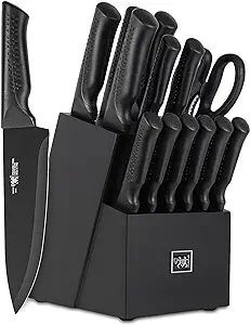 knife set, 15 Pcs Black knife sets for kitchen with block Self Sharpening, Dishwasher Safe, 6 Ste... | Amazon (US)