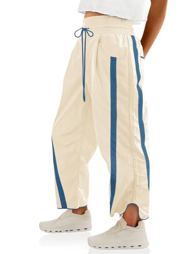 Fisoew Women's Baggy Wide Leg Pants Casual Drawstring Elastic Waisted Contrast Color Workout Y2K Track Pants | Amazon (US)