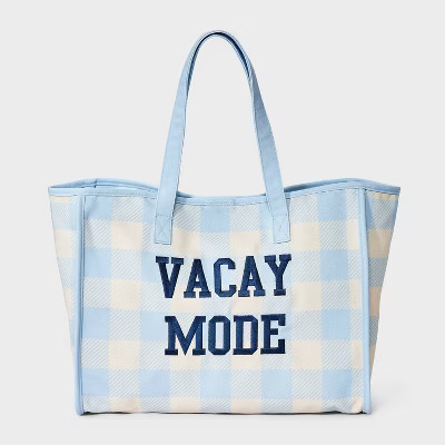Girls' Embroidered 'Vacay Mode' Gingham Tote Bag - art class™ Blue | Target