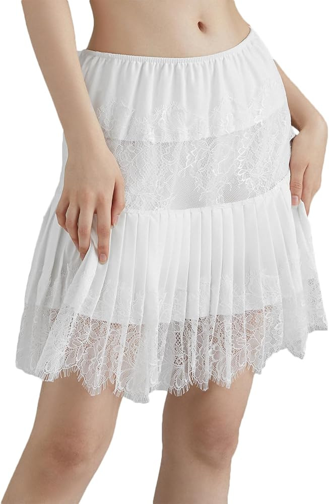 Nituyy Women Lace Slip Skirts Y2K Pleated Ruffle Half Slip Underskirt Mini Skirt Layered Flowy Sh... | Amazon (US)