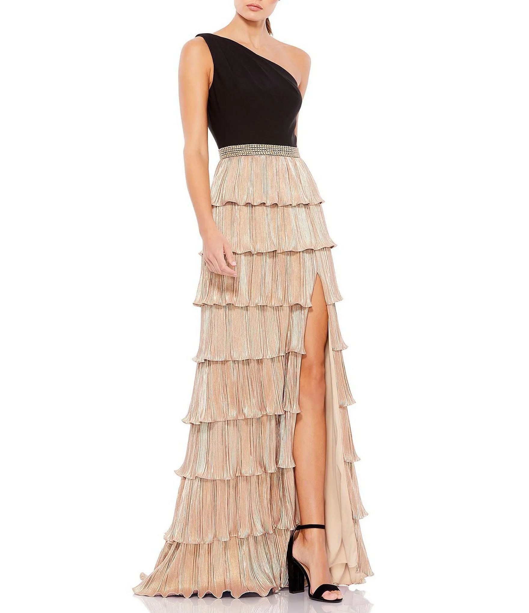 Tiered Sleeveless One Shoulder Ruffle High Slit Belted Gown | Dillard's