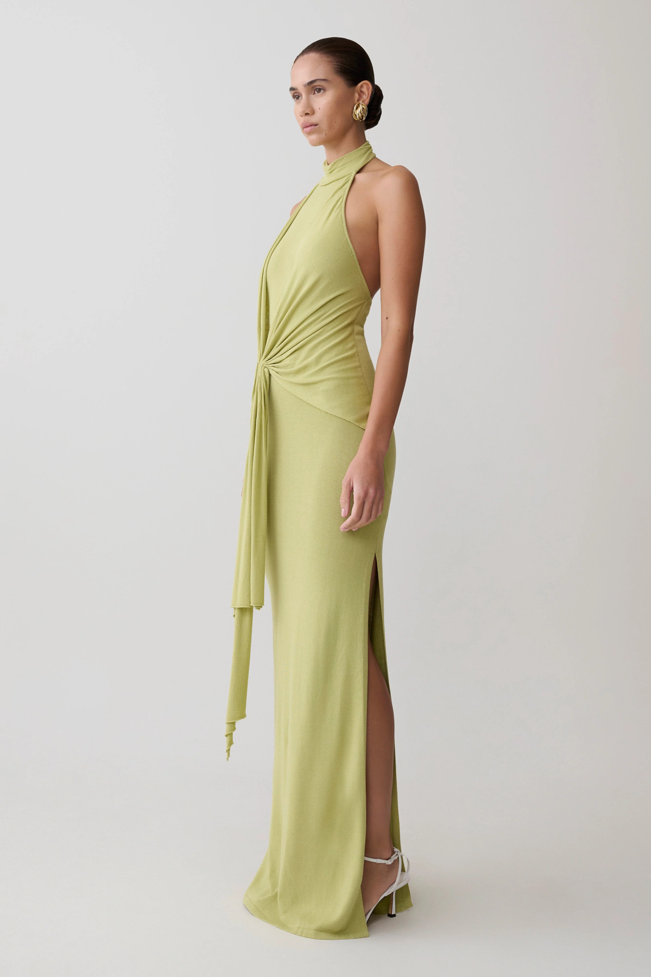 Halter Knit Maxi Dress - Light Olive | MESHKI US