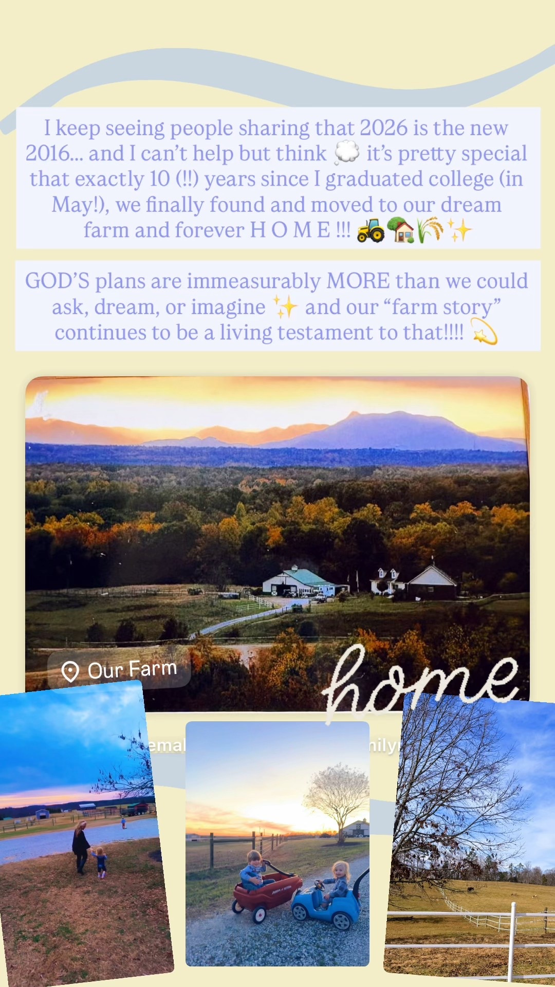 I keep seeing people sharing that 2026 is the new 2016….. and I can’t help but think 💭 it’s pretty special that exactly 10 (!!) years since I graduated college (in May!), we finally found and moved to our dream
 farm and forever H O M E !!! 🚜🏡🌾✨

GOD’S plans are immeasurably MORE than we could ask, dream, or imagine ✨ and our “farm story” continues to be a living testament to that!!!! 💫