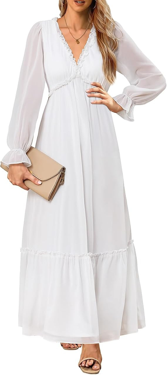 Women Fall Dress Long Sleeve - Chiffon Casual Maxi Long Flowy Boho V Neck Dresses | Amazon (US)