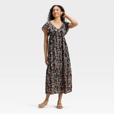 Women's Flutter Short Sleeve Maxi A-Line Dress - Universal Thread™ Black Floral | Target