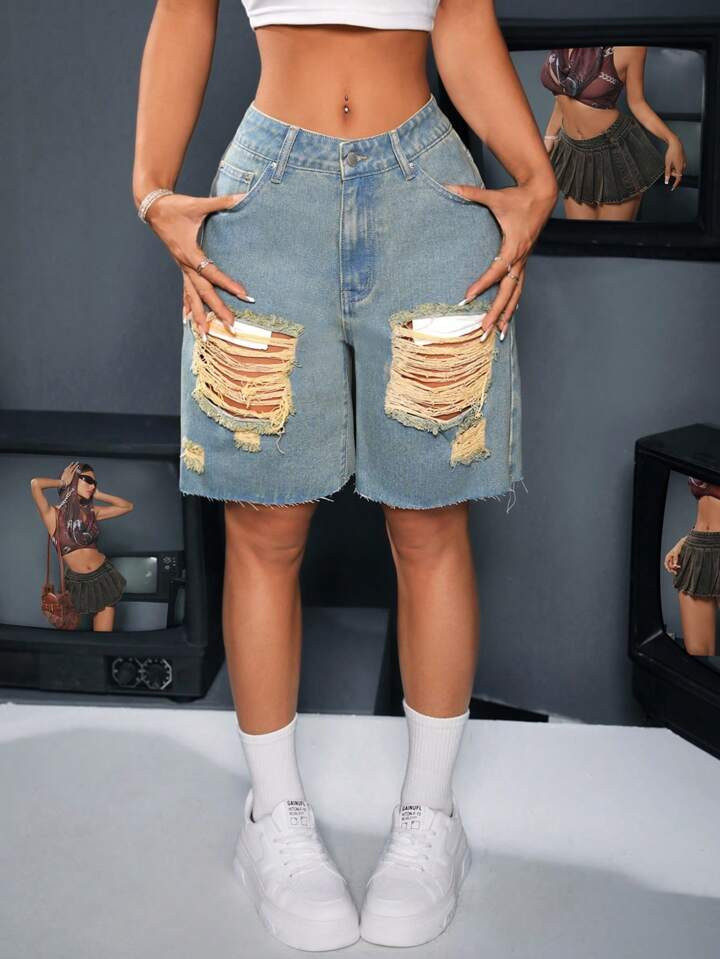 SHEIN ICON Women Loose Fit Casual Bermuda Denim Shorts With Distressed Design And Pockets | SHEIN