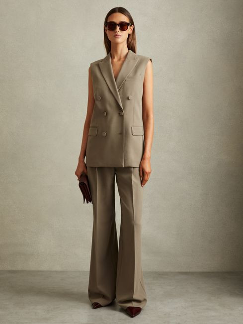 Petite Wide Leg Front Pleat Suit Trousers in Khaki | Reiss UK
