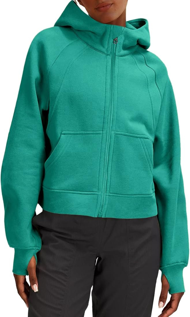 LASLULU Womens Full Zipper Hoodies Fleece Lined Collar Pullover Sweatshirts Long Sleeve Crop Tops Sw | Amazon (US)