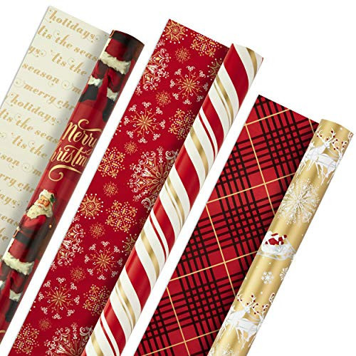 Hallmark Christmas Wrapping Paper Rolls - Traditional Holiday Gift Wrap Paper (Set of 3 Reversible Rolls: 120 sq. ft. ttl.) Red and Gold Snowflakes, Stripes, Plaid, Santa's Sleigh | Amazon (US)